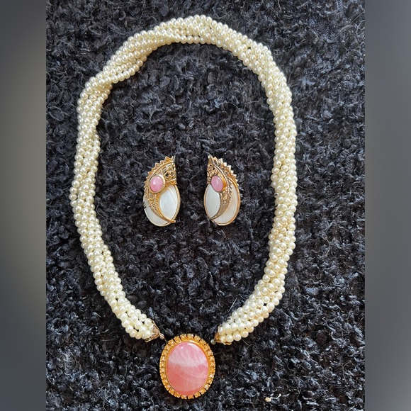 Pearls and Pink Stone Necklace and Earrings - Picture 1 of 4
